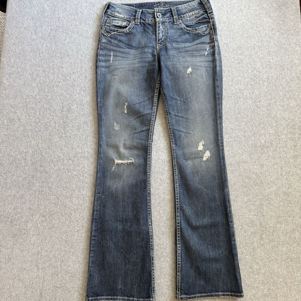 Bootcut Low Rise Jeans Womens 26 L32 Blue Distress Silver Suki Surplus Bootcut